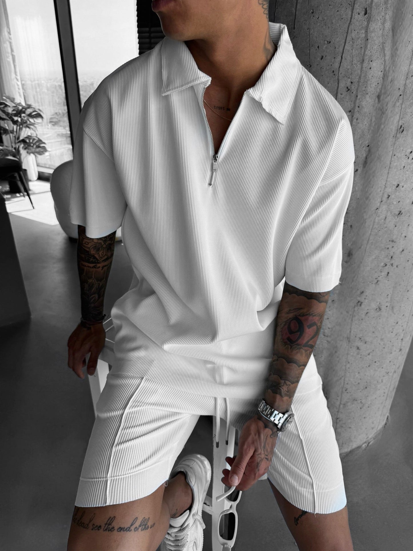 Oversized Gelaagd Rits Polo T-shirt - Wit
