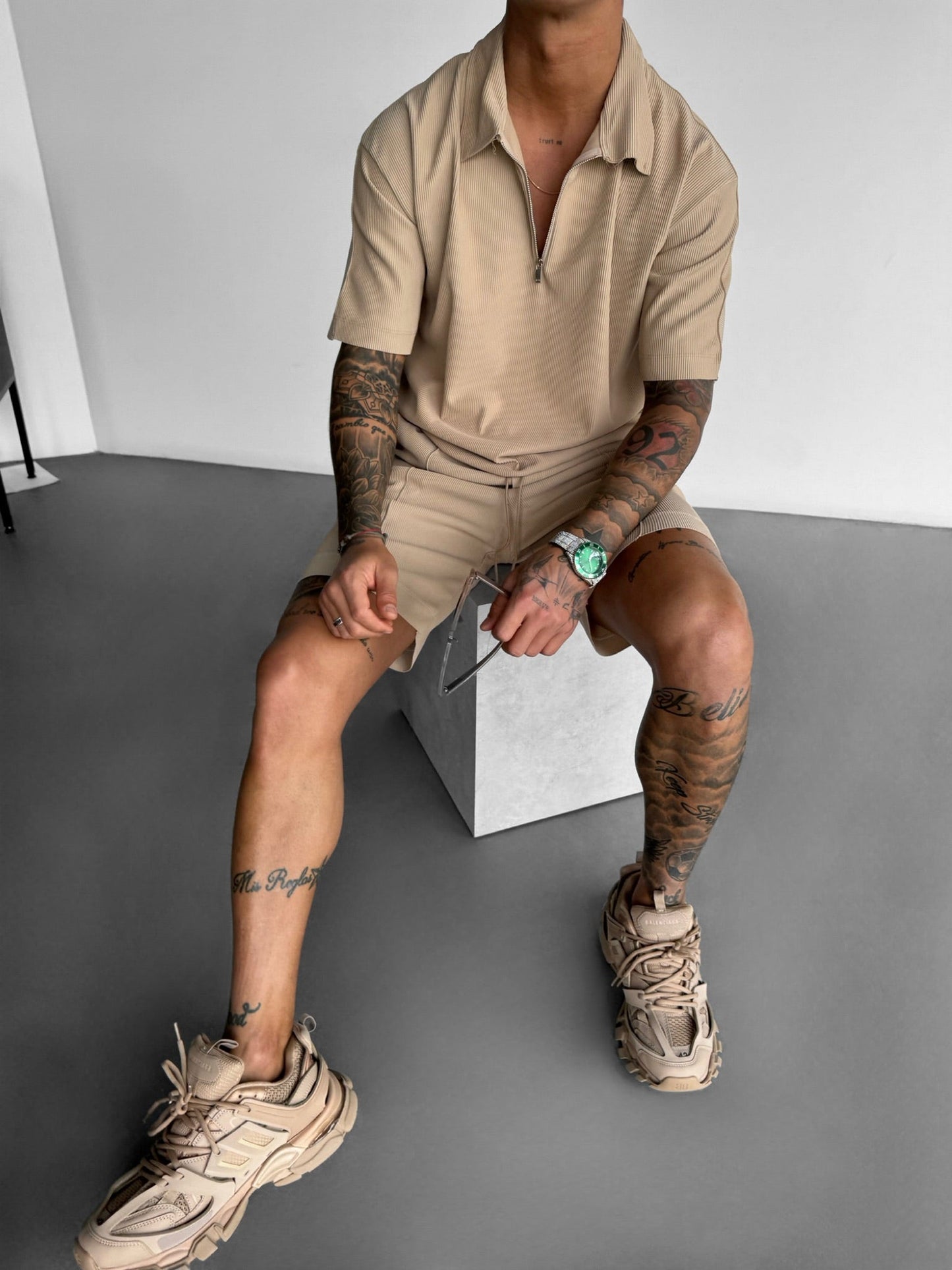 Oversized Gelaagd Rits Polo T-shirt - Beige