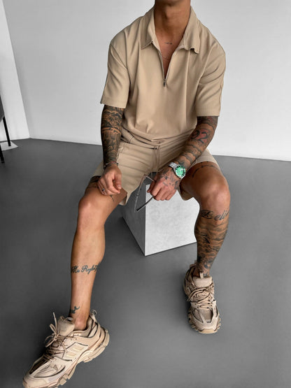 Oversized Gelaagd Rits Polo T-shirt - Beige