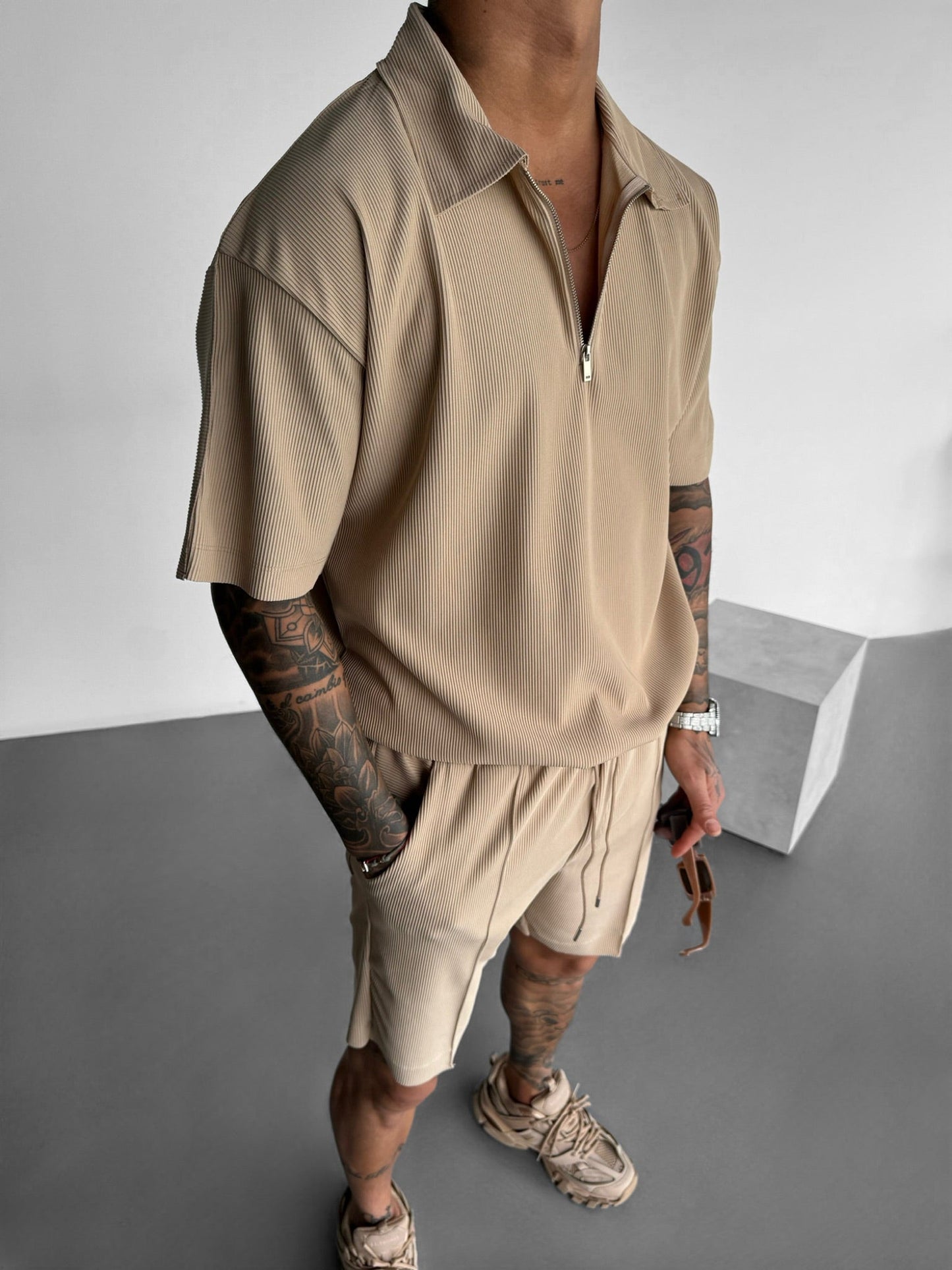 Oversized Gelaagd Rits Polo T-shirt - Beige