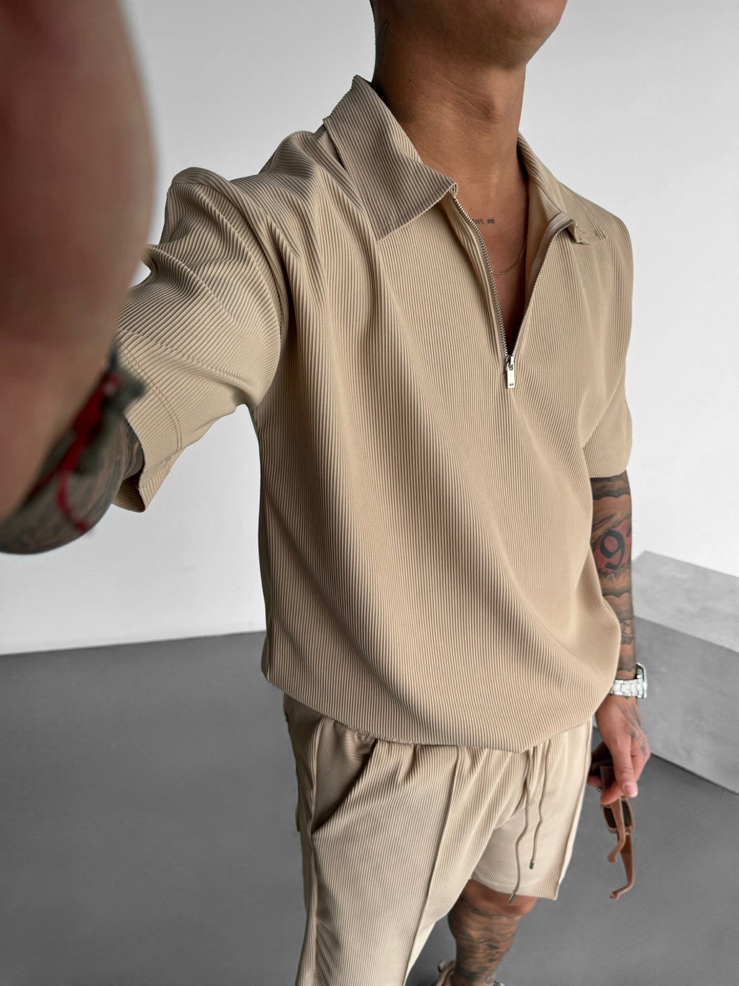 Oversized Gelaagd Rits Polo T-shirt - Beige